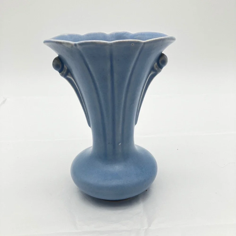 Weller Pottery Fluted Vase Softone 6.25in Periwinkle Blue Vintage Art Deco E-2